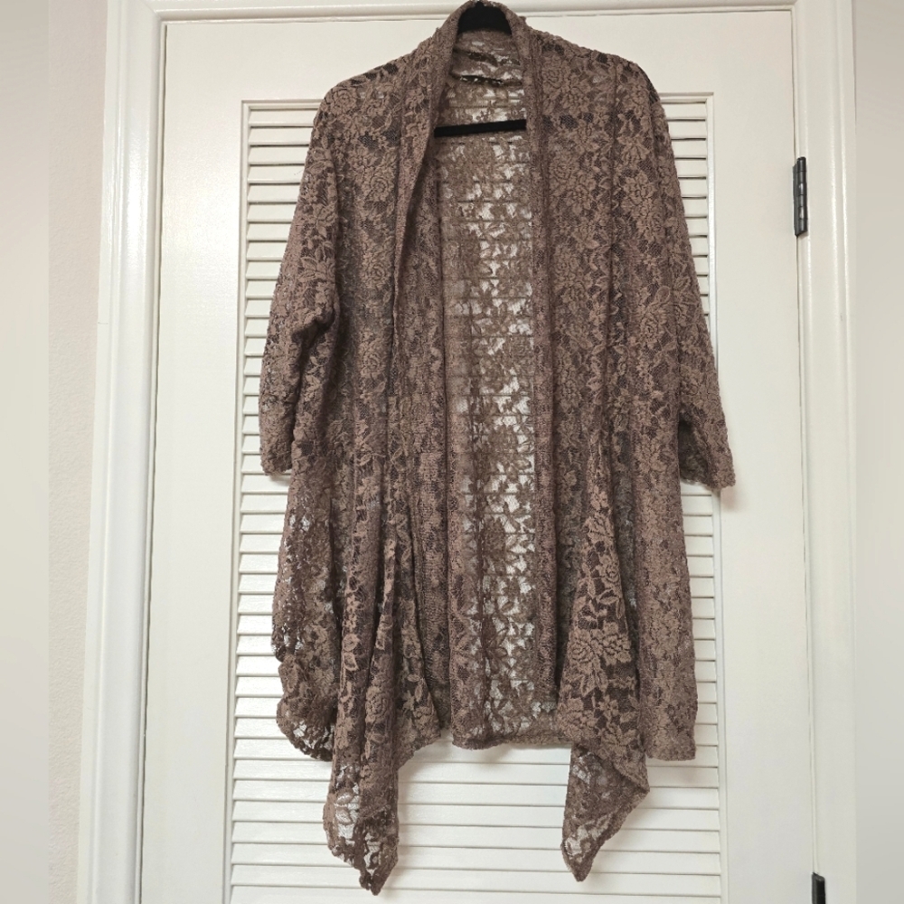 Double Take - (Plus-Size) Brown Long Lace 3/4 Sleeve Open Cardigan